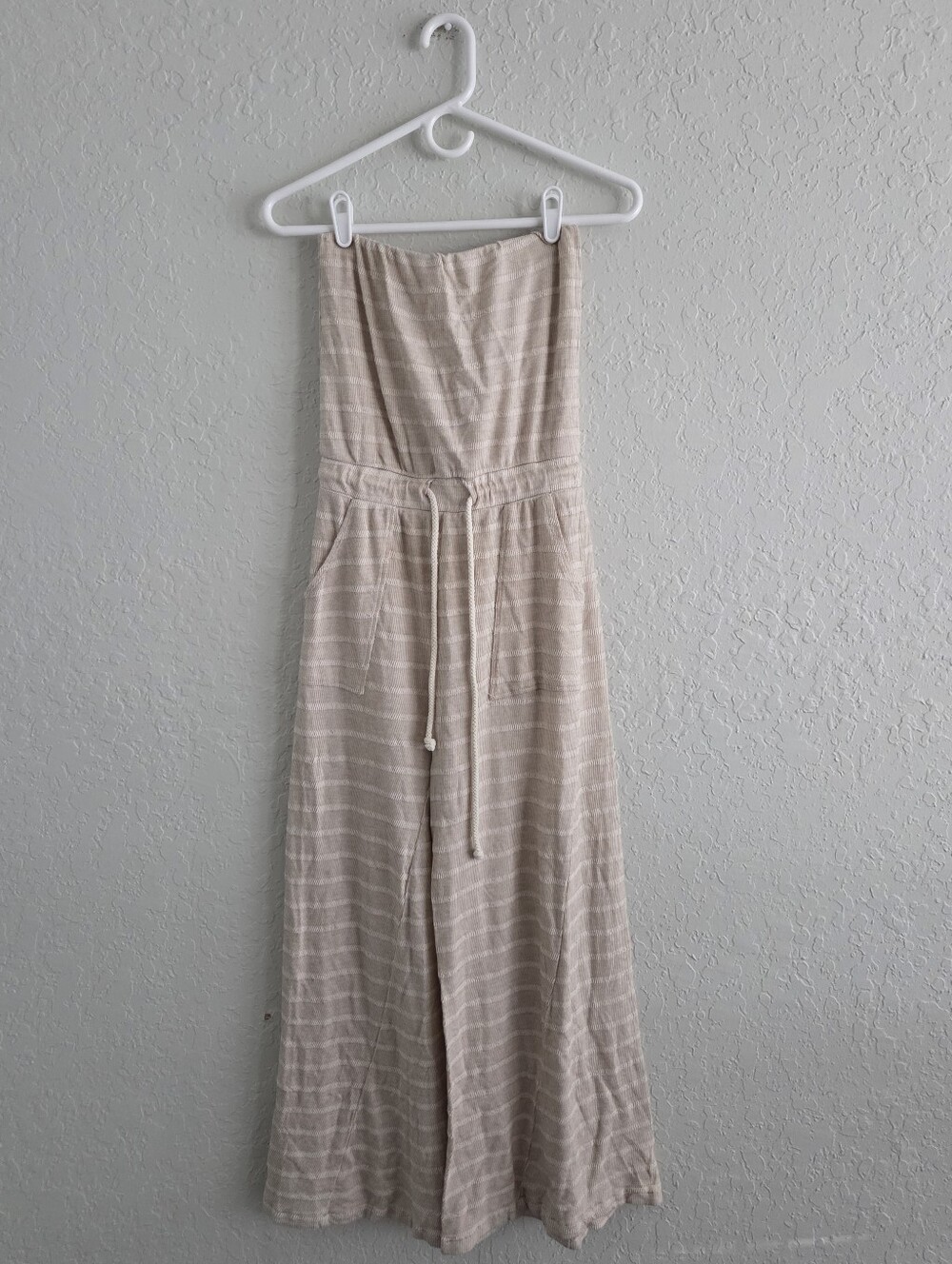 By Together Strapless Striped Wide-Leg Jumpsuit Pockets Drawstring Soft Stretchy